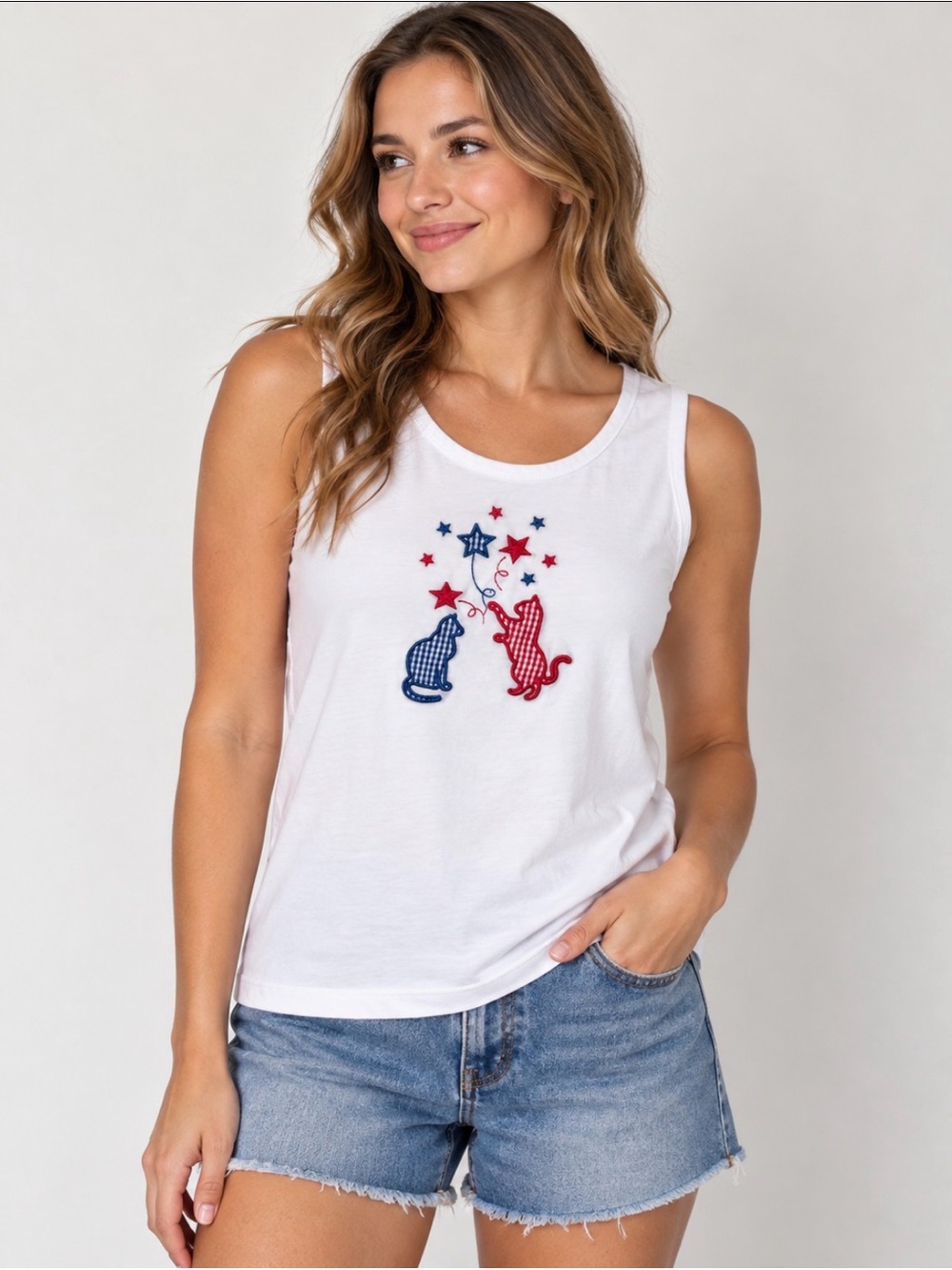 White Tank Top with Red & Blue Cat Motif Size Medium
